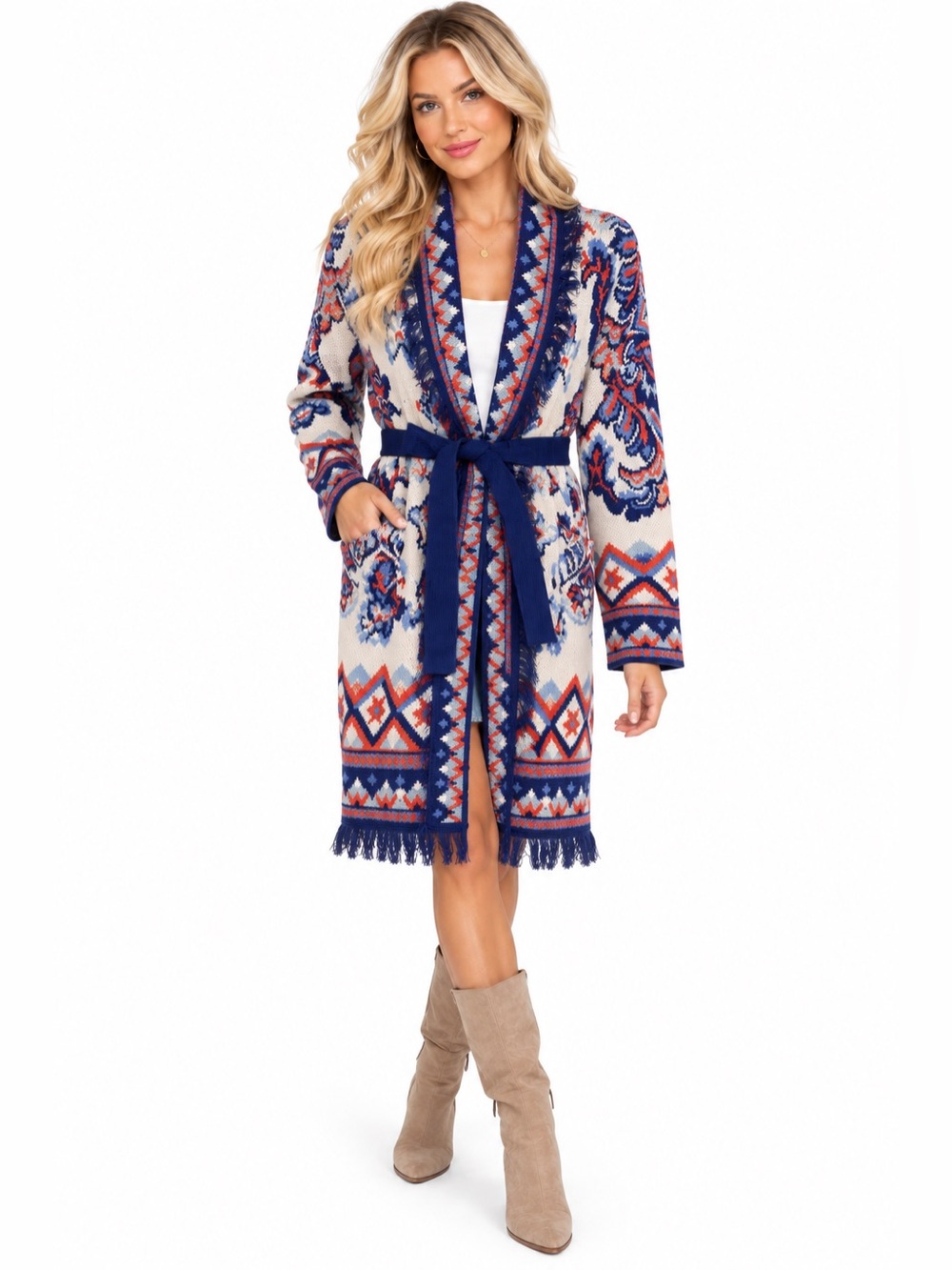 NWT Hale Bob Size Small Women's Navy & Cream Patterned Knit Midi Sweater Duster
